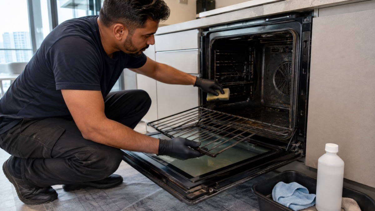 Cleaner degreasing the interior of a cool switched-off oven in a Dubai apartment