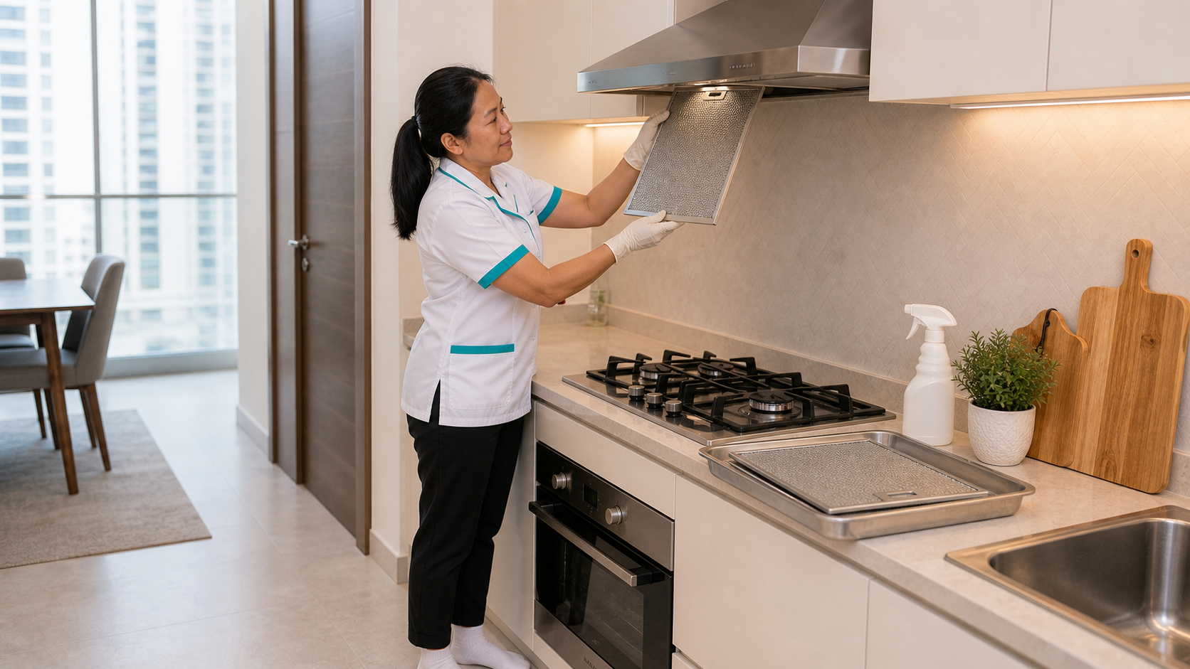 adult Filipina cleaner in clean socks reinstalling a residential kitchen hood grease filter in a Dubai apartment kitchen