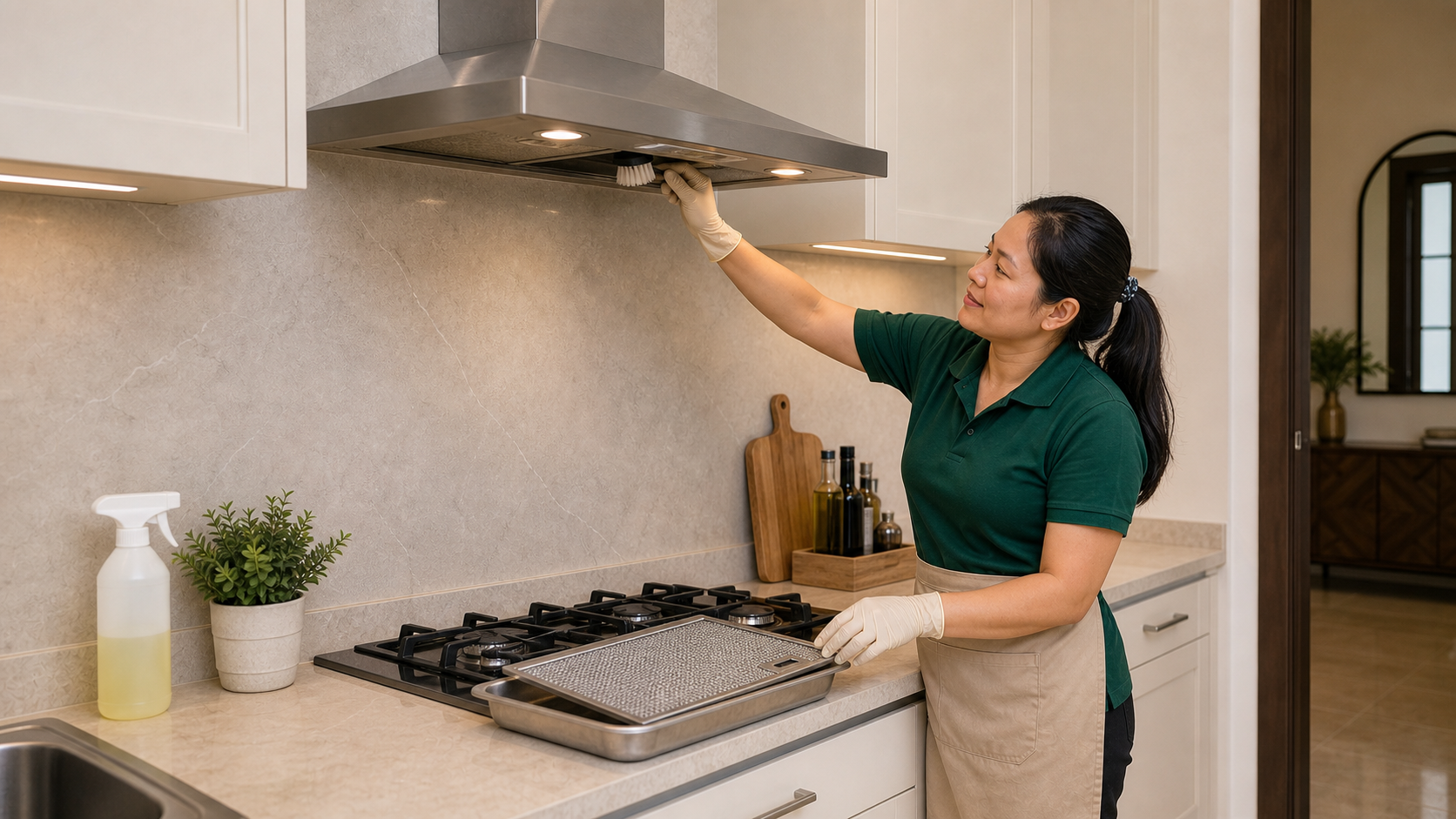 adult Filipina cleaner brushing the underside of a mounted Dubai villa kitchen hood