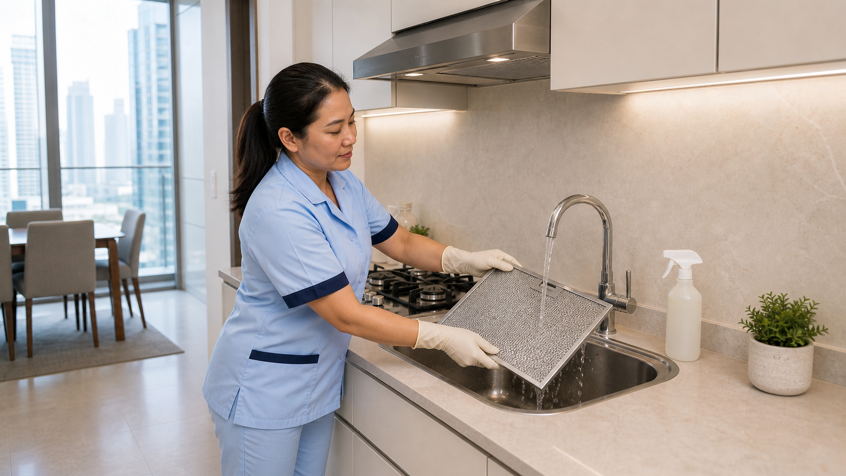 gloved adult Filipina cleaner washing a residential kitchen hood mesh filter in a Dubai high-rise apartment