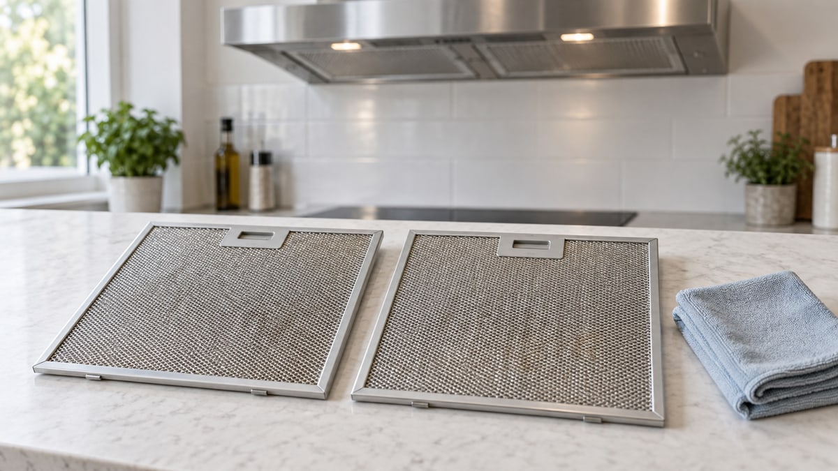 Loose example metal grease filters on a kitchen worktop