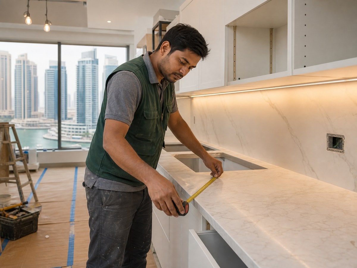 Technician measuring an existing kitchen worktop with a tape measure
