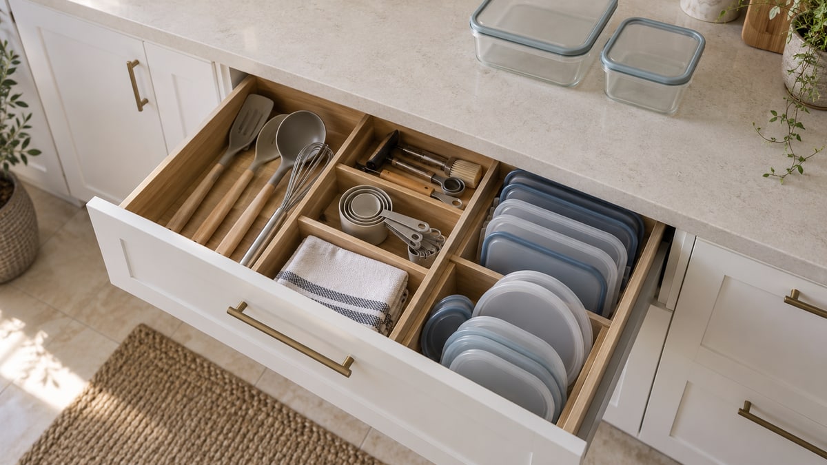 Open kitchen drawer with removable dividers separating utensils, towels and container lids