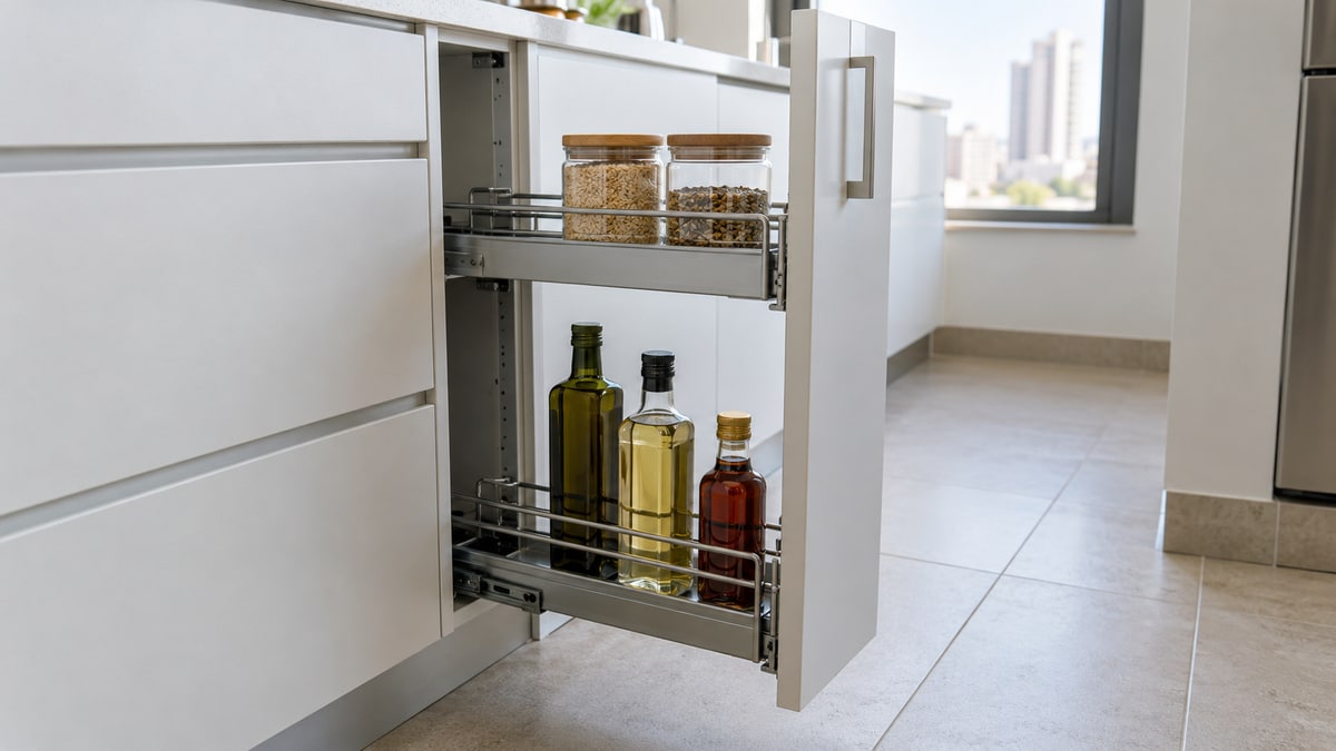 Narrow two-tier kitchen pull-out with jars and bottles attached to a cabinet front