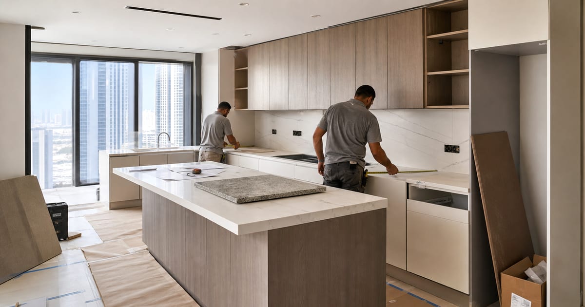contractor measuring kitchen cabinets for a Dubai apartment renovation