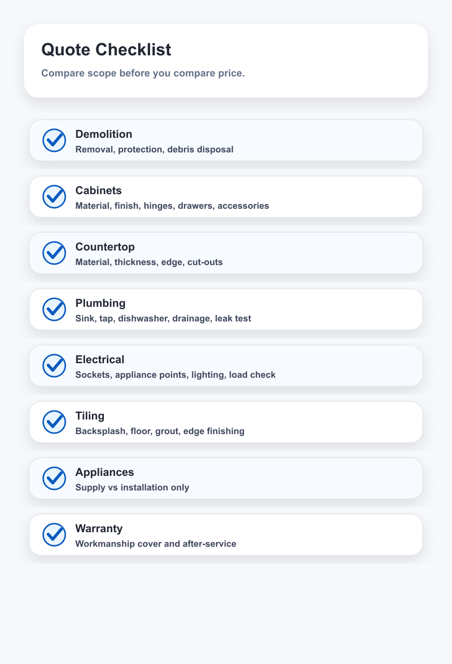 Kitchen renovation Dubai quote checklist for cabinets countertops demolition disposal plumbing electrical tiling and warranty