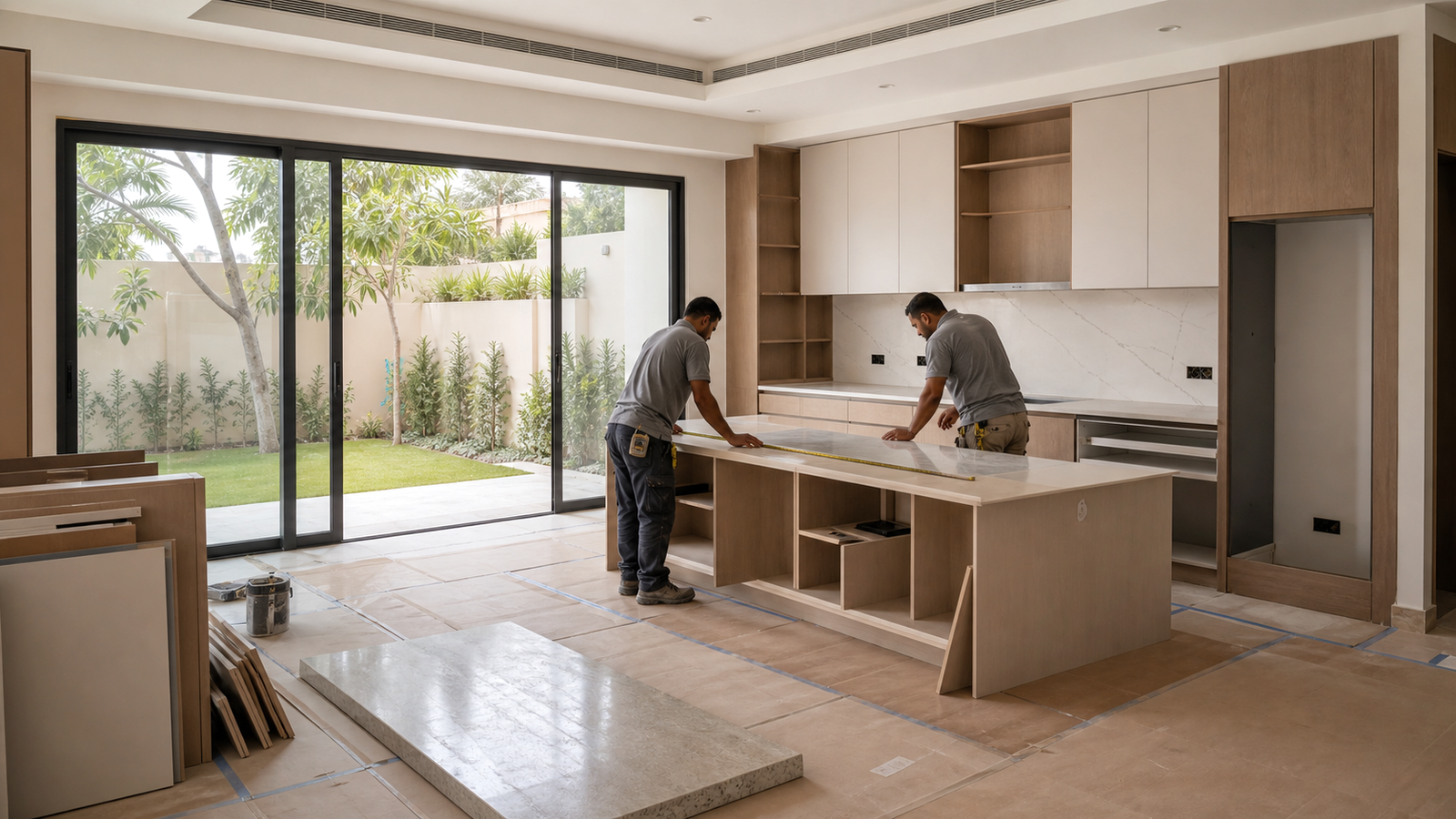 Dubai gated community villa kitchen renovation with contractors measuring a large island and garden view