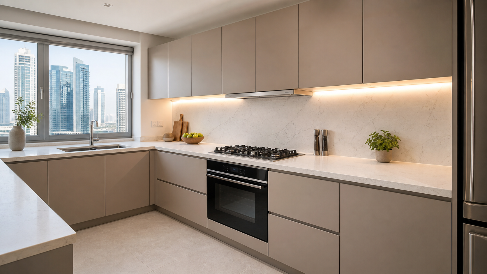 finished modern kitchen renovation with quartz counter and backsplash in Dubai