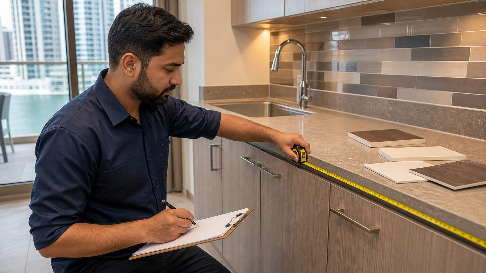male contractor measuring kitchen cabinets and countertop in a Dubai apartment