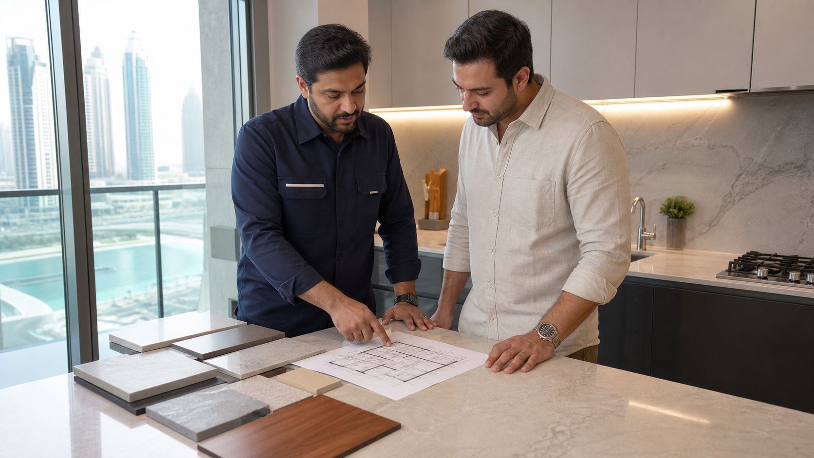 male renovation contractor reviewing kitchen material samples in a Dubai apartment