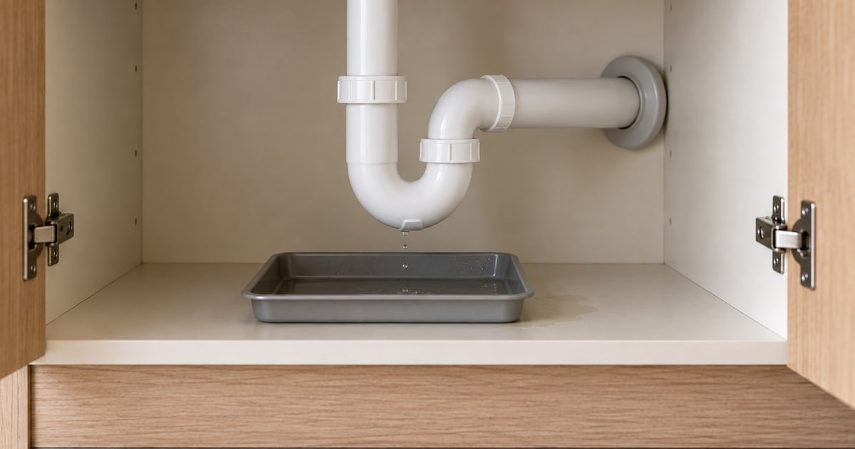 Accessible white sink waste trap above a catch tray inside an open cabinet