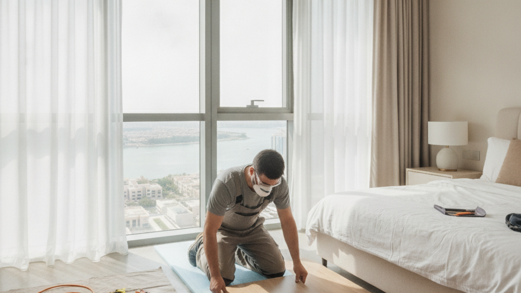 male technician placing laminate underlay and checking expansion gaps in Dubai