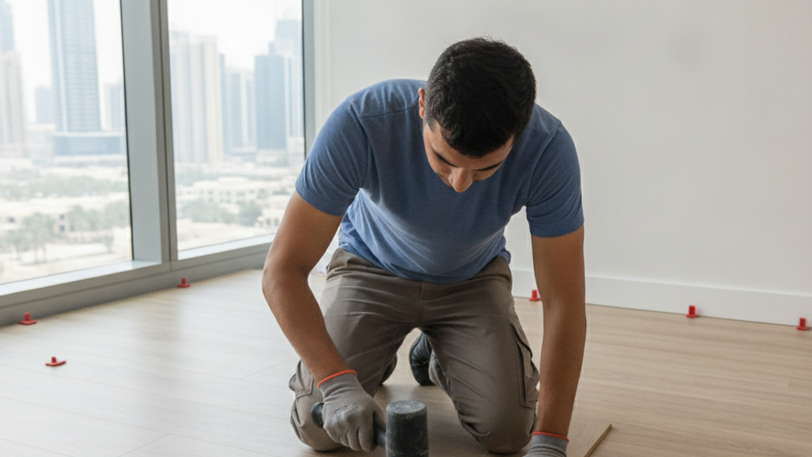 male flooring installer fitting laminate boards in a Dubai apartment bedroom