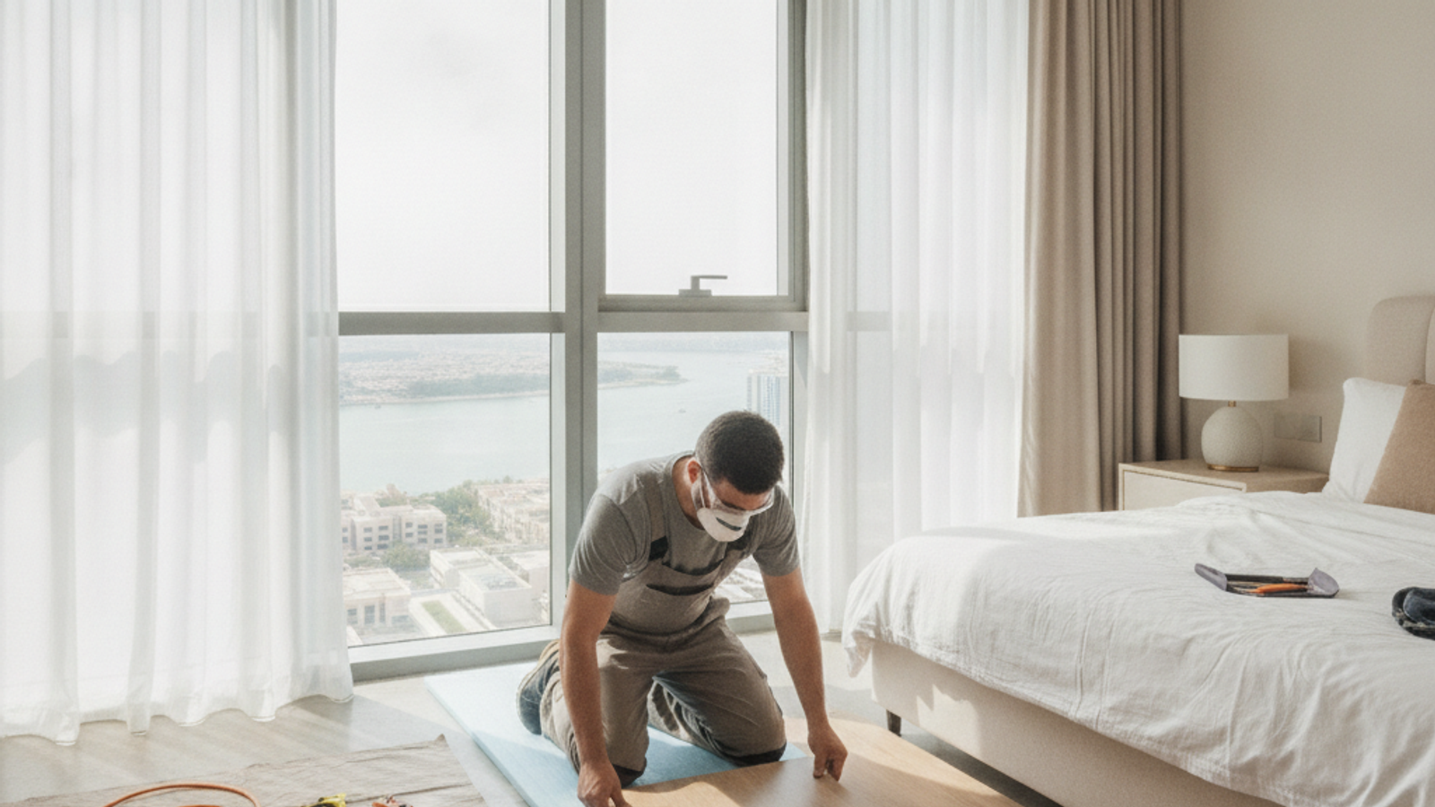 flooring installer laying laminate planks with underlay in a Dubai apartment