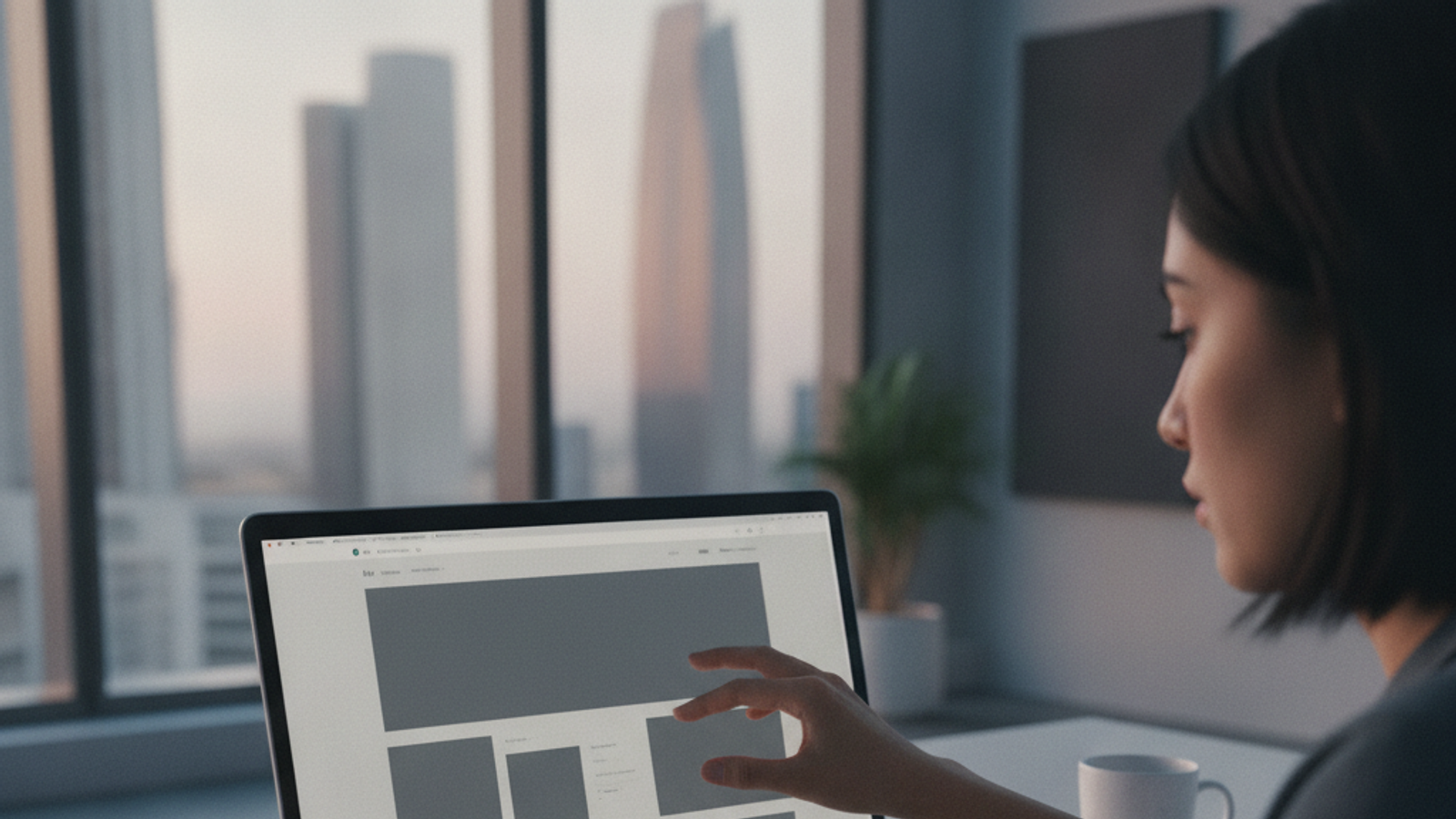 designer arranging blank landing page wireframe blocks on a laptop in Dubai