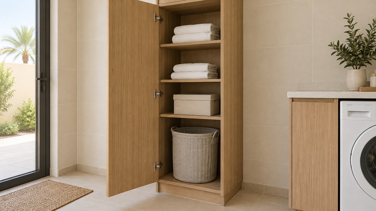 Open oak utility cupboard with folded towels, a storage box and a laundry basket beside a worktop