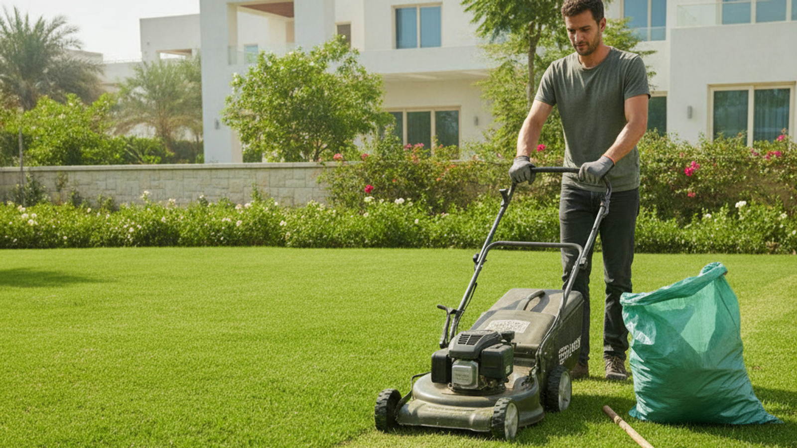 gardener mowing a villa lawn in Dubai with edging tools nearby