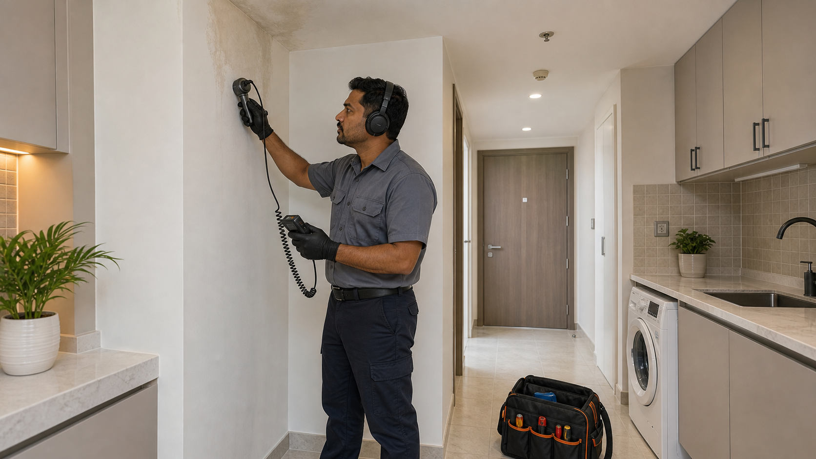 male technician using acoustic leak detection equipment near a damp wall in a Dubai apartment