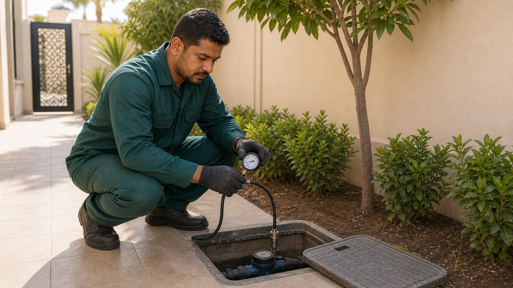 male plumber pressure testing a ground level water line access box in a Dubai villa garden