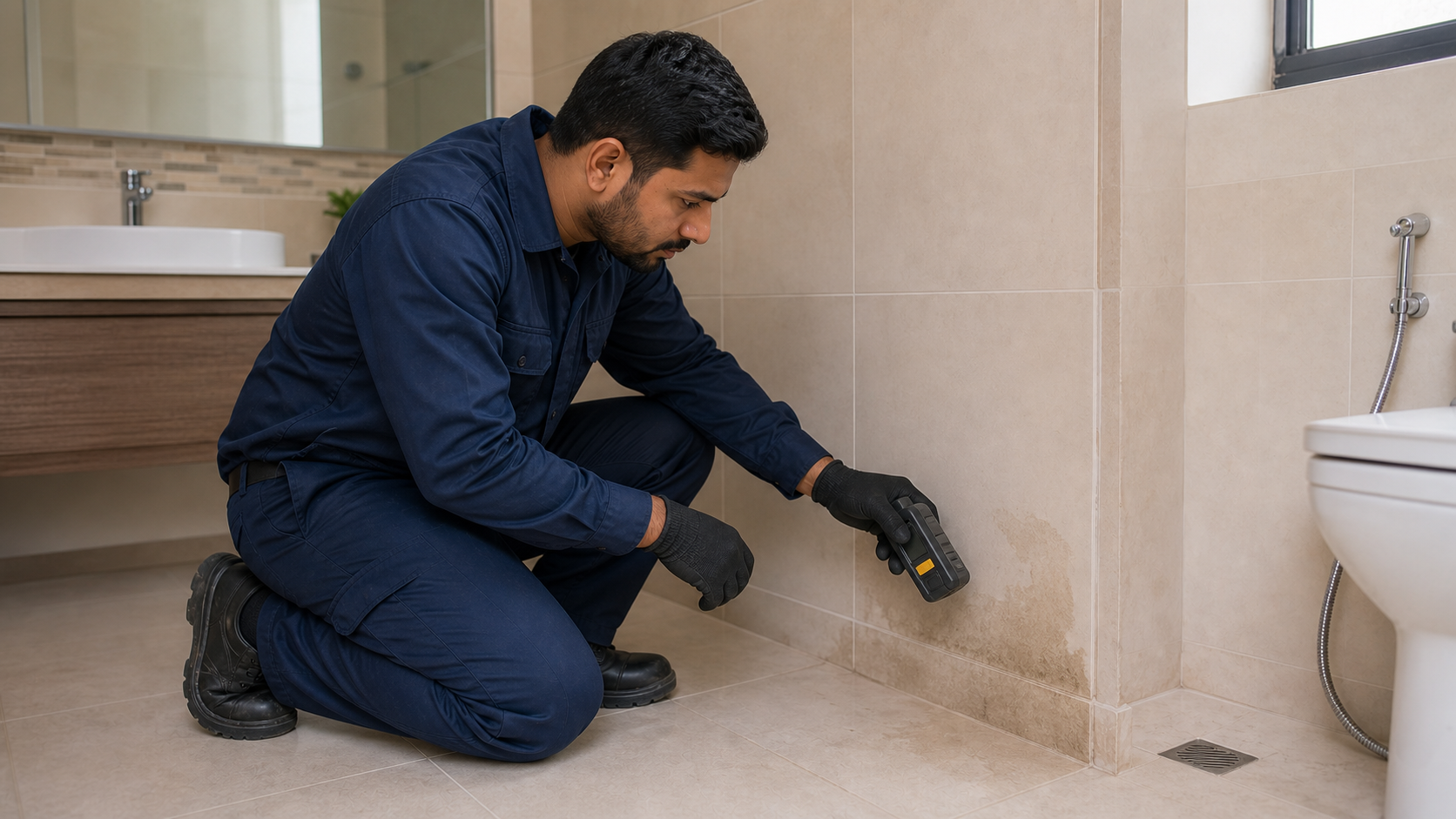 male leak detection technician checking bathroom wall moisture in a Dubai villa