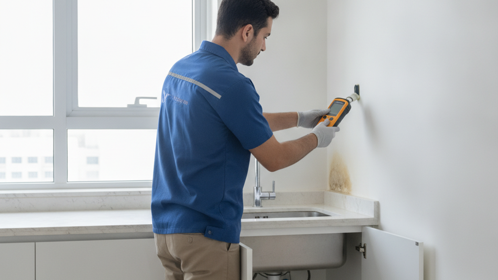 technician using a moisture meter to detect a wall leak in a Dubai home