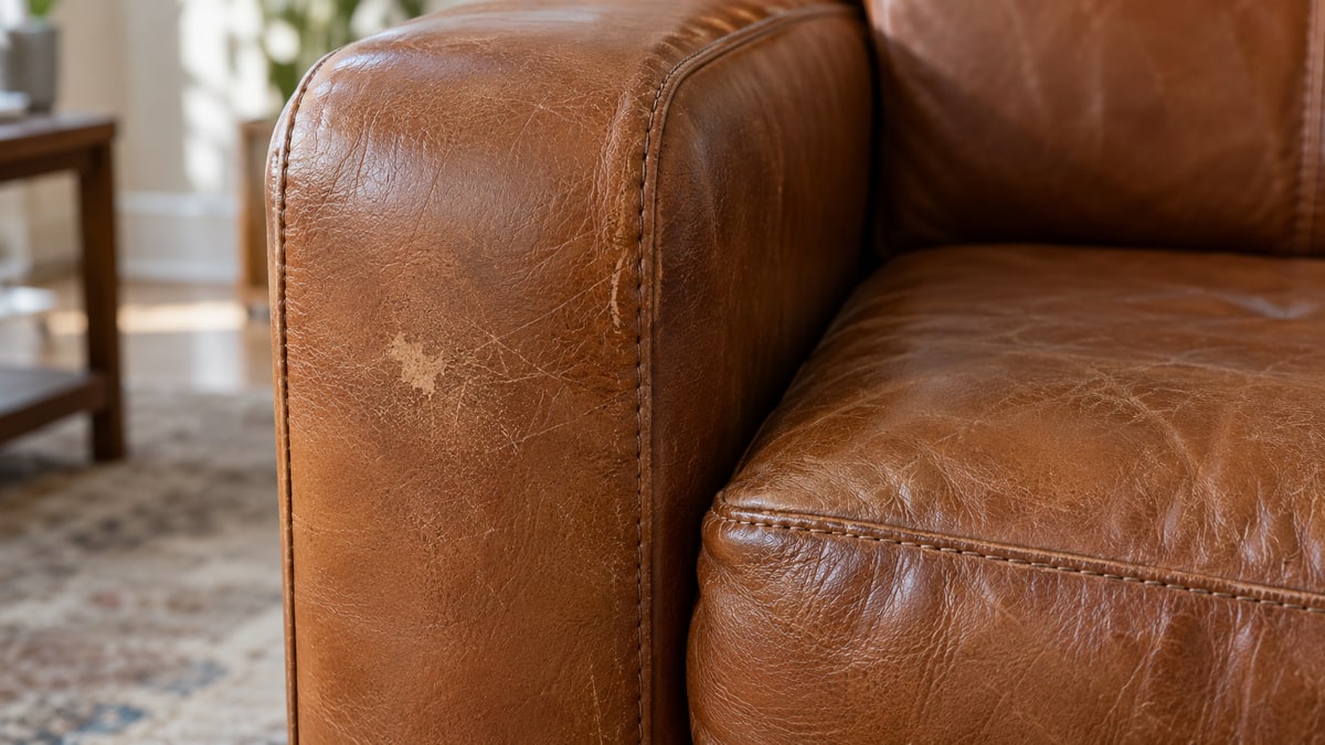 Close-up of colour wear and fine surface scuffs beside a stitched sofa armrest seam