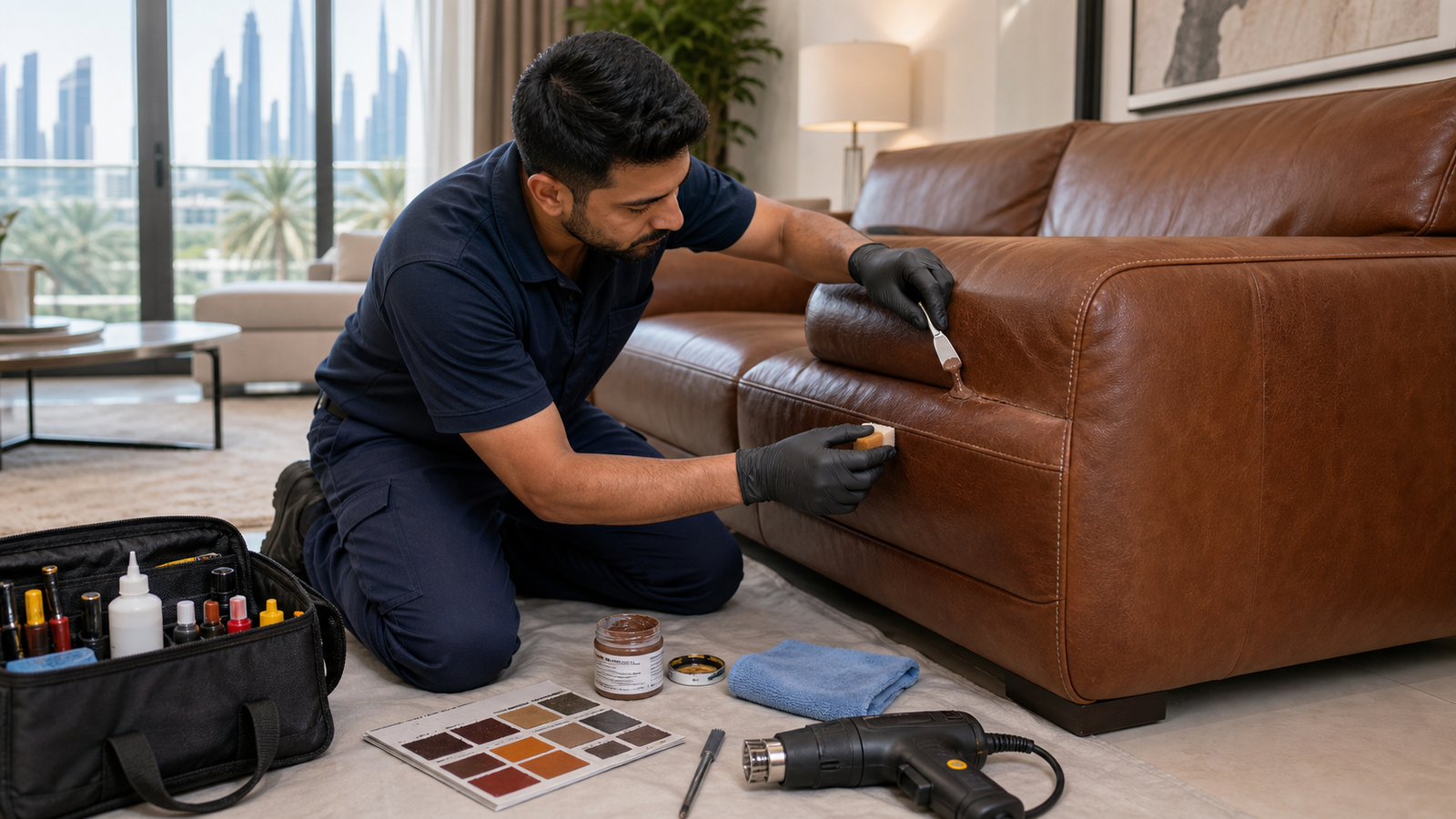 leather repair specialist restoring a sofa arm in a Dubai living room