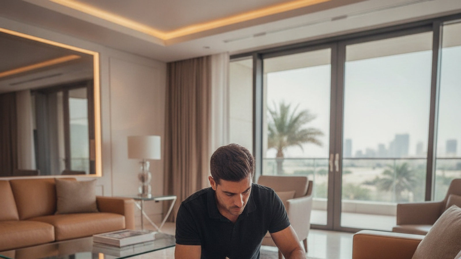 leather repair specialist restoring a sofa arm in a Dubai living room