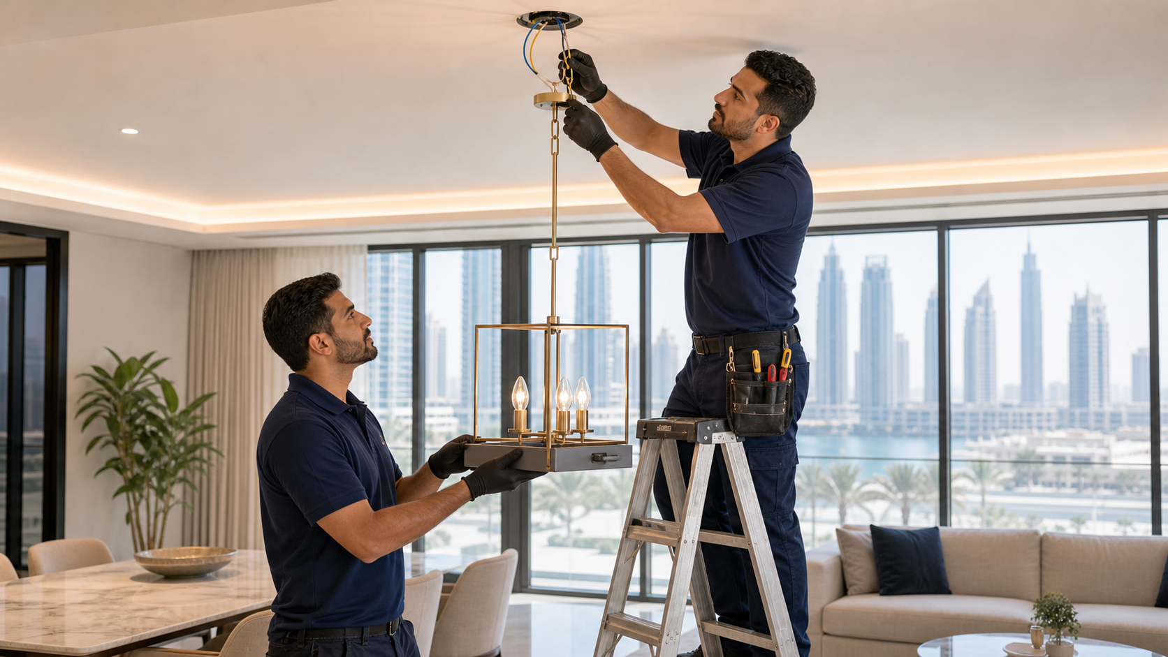 electrician installing a pendant ceiling light in a Dubai apartment living room