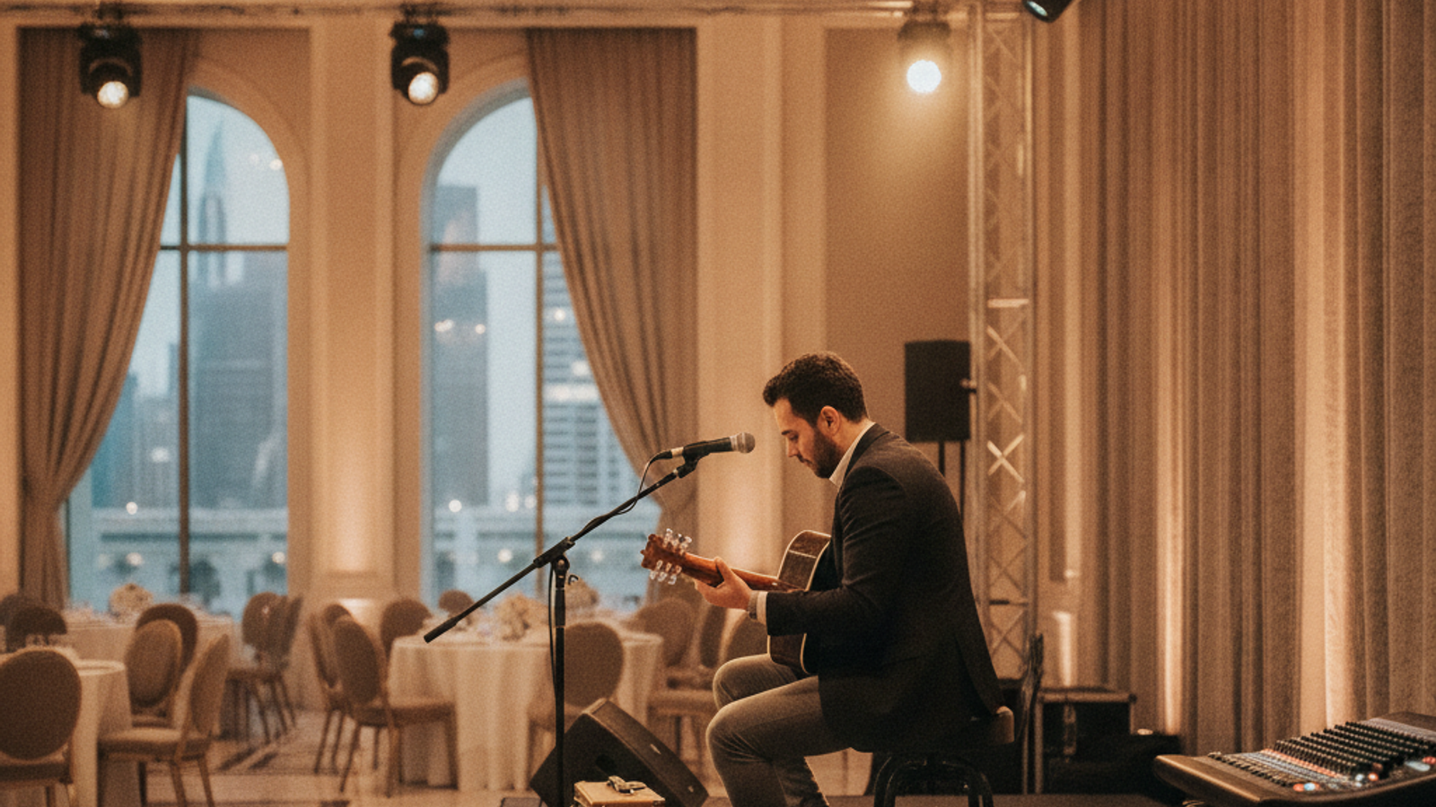 live musician setting up for a Dubai event performance