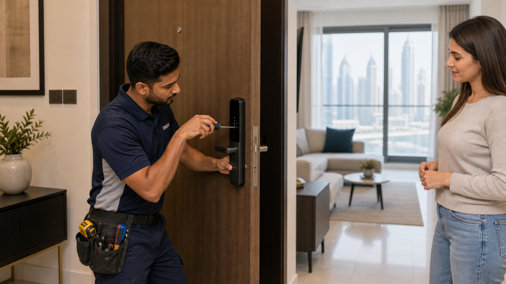 Locksmith repairing a smart door lock in a Dubai apartment