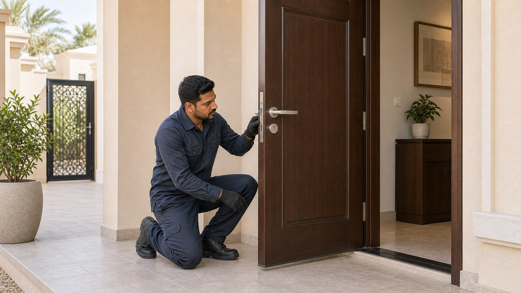 technician replacing a villa front door handle and lock set in Dubai