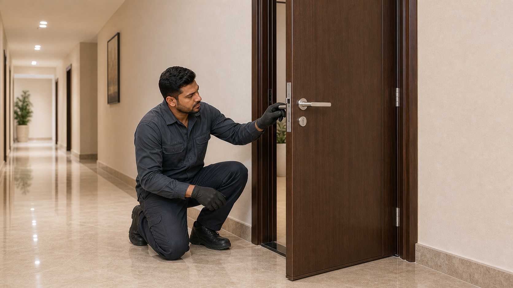 technician repairing an apartment front door lock in Dubai