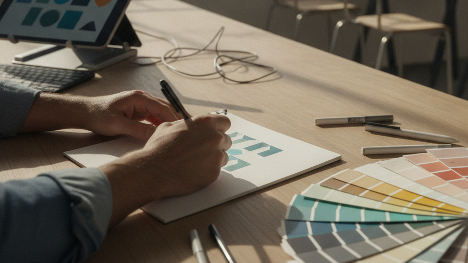 designer sketching abstract logo concepts on paper and tablet in a Dubai studio