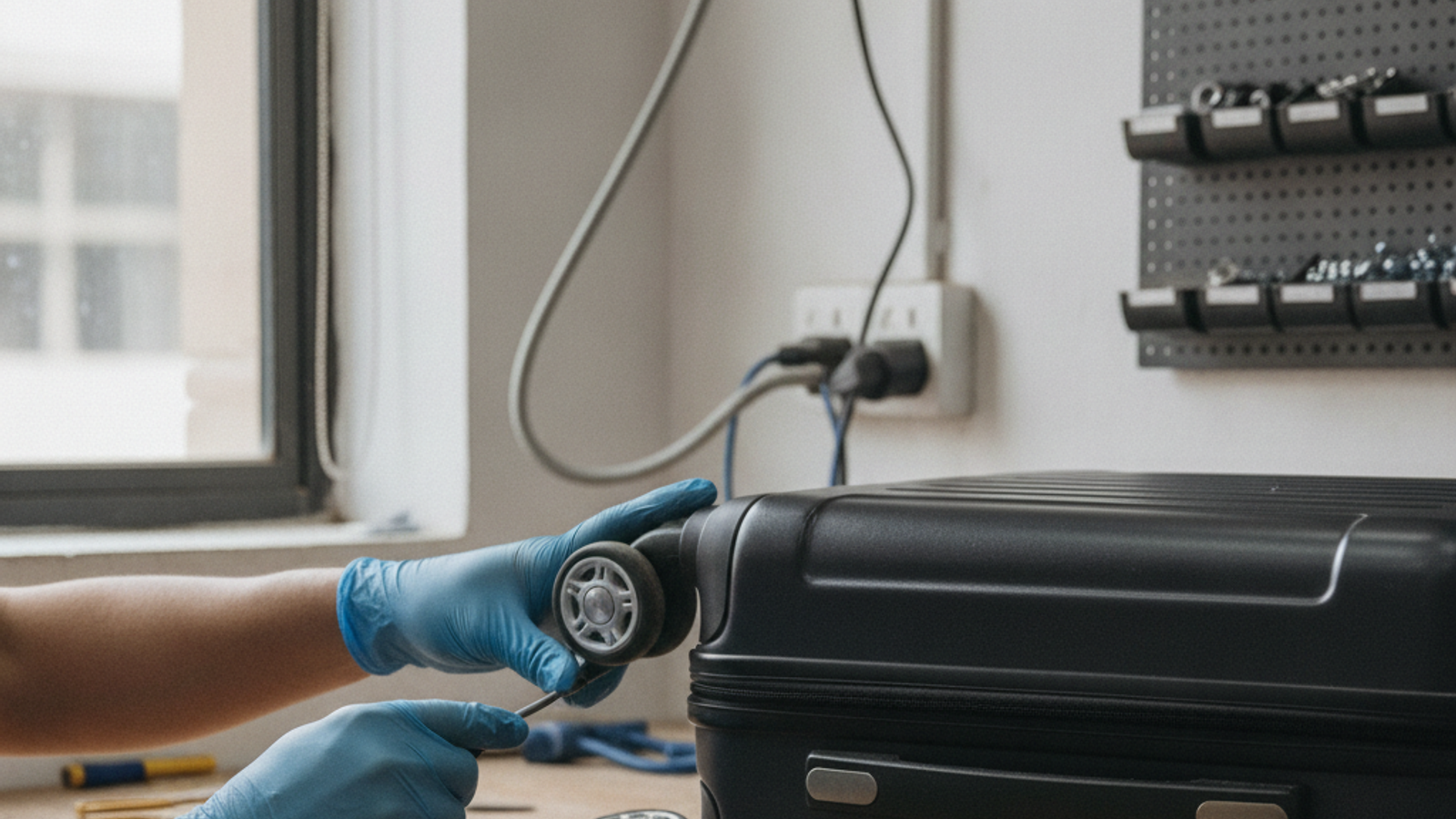 repair technician replacing a suitcase wheel in Dubai