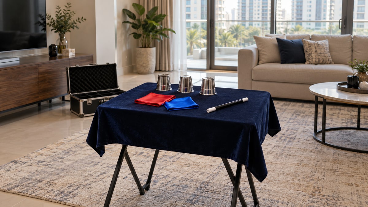 Simple cups, silks and a wand prepared on a small performance table.