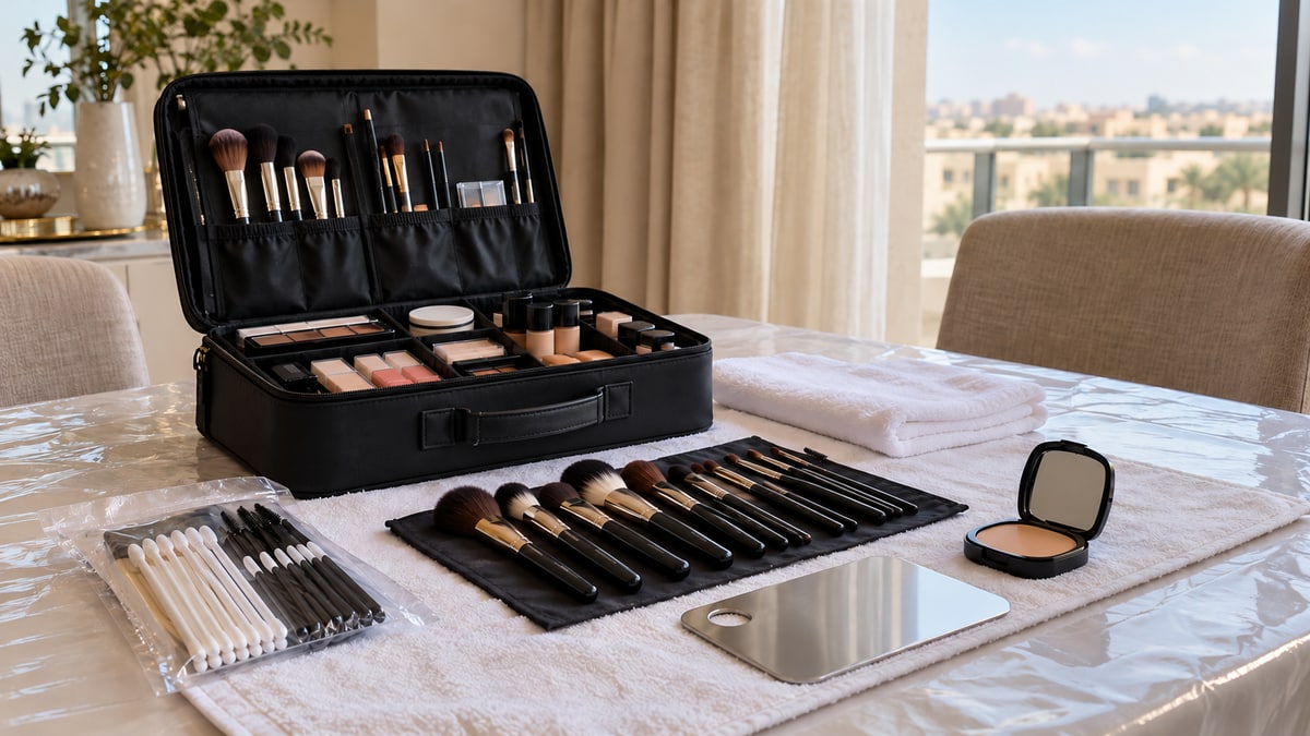 Clean makeup brushes and disposable applicators on a protected home workstation
