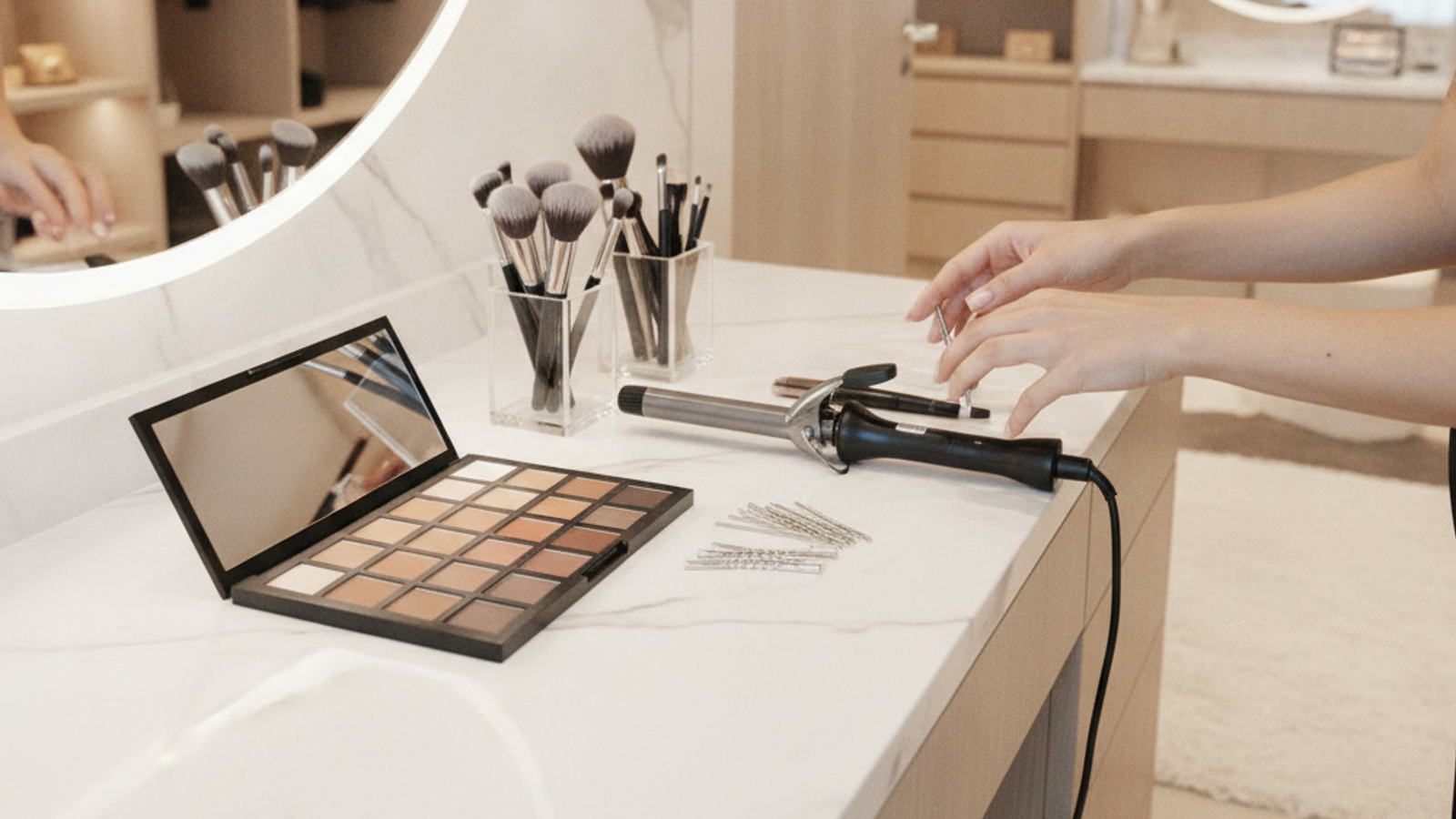 makeup artist arranging brushes and hair styling tools for a Dubai home appointment