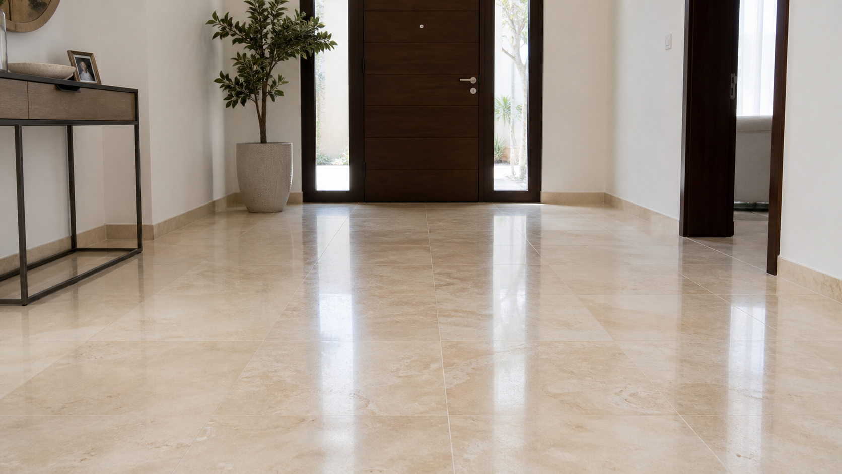 finished polished marble floor with aligned joints in a bright Dubai villa entrance