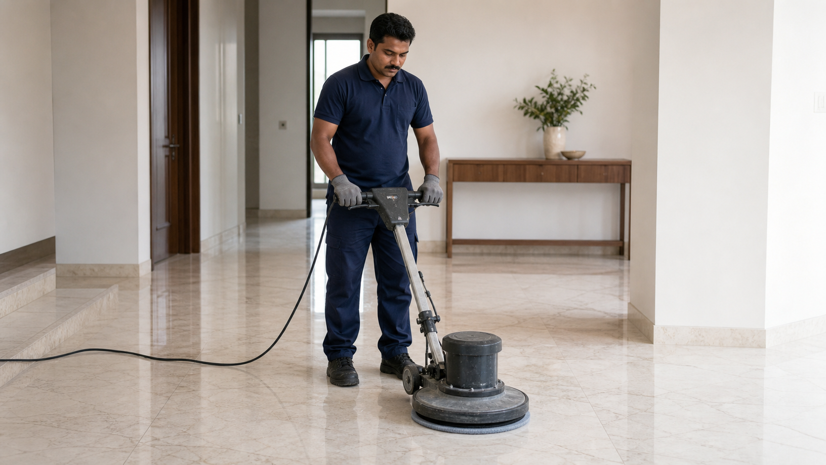 male stone-care technician operating a floor polishing machine on marble in a Dubai villa