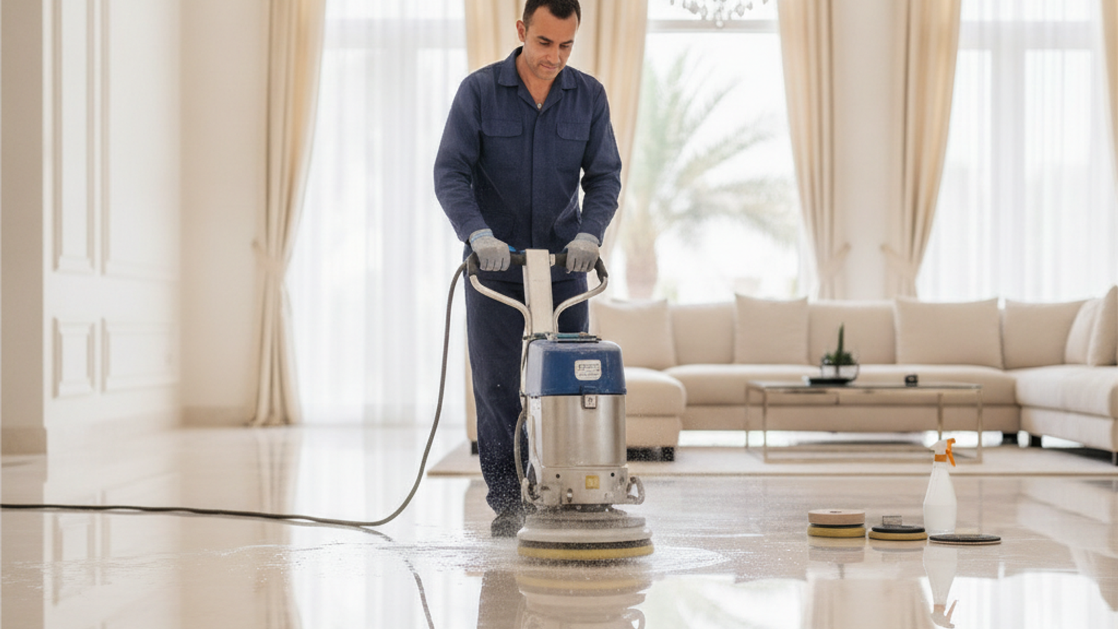 technician polishing a marble floor in a Dubai villa