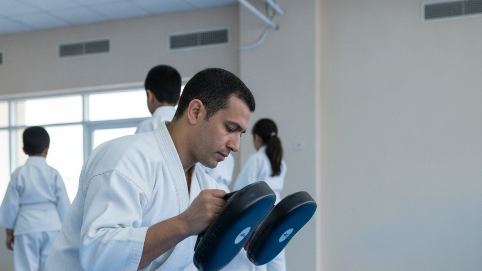 martial arts instructor preparing pads for a kids lesson in Dubai