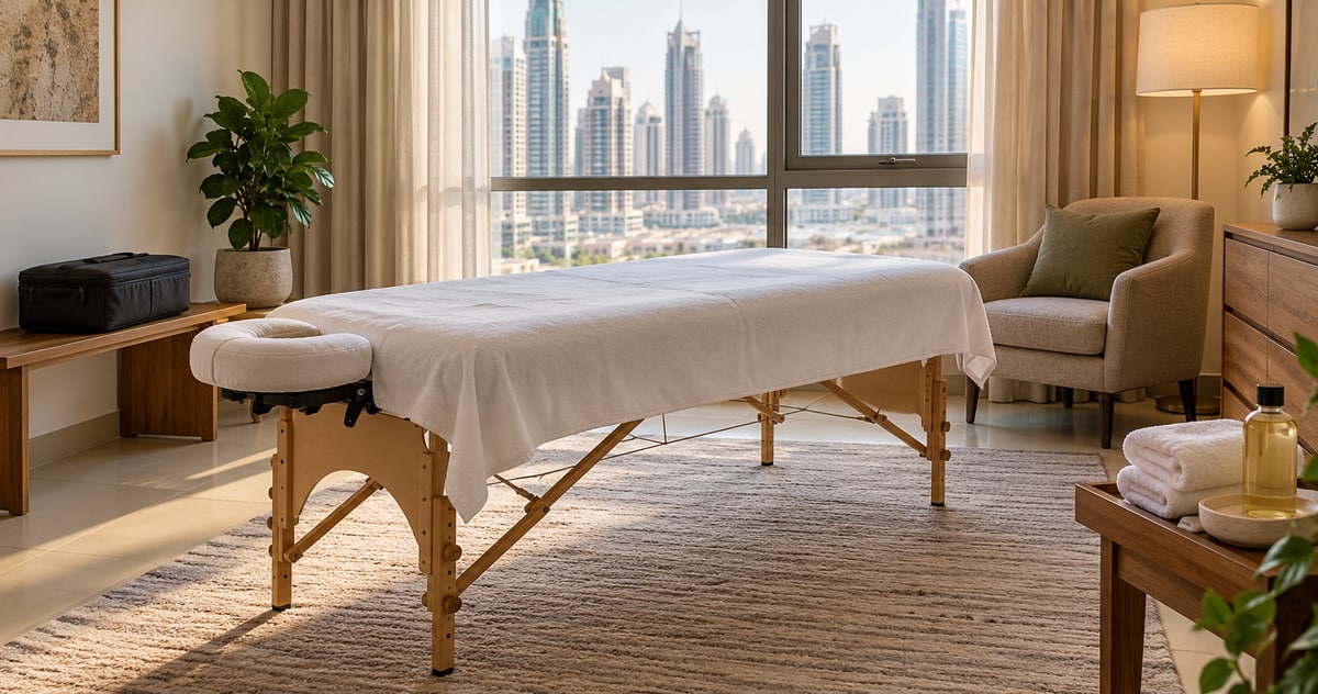 A portable massage table and clean linens prepared in a domestic room.