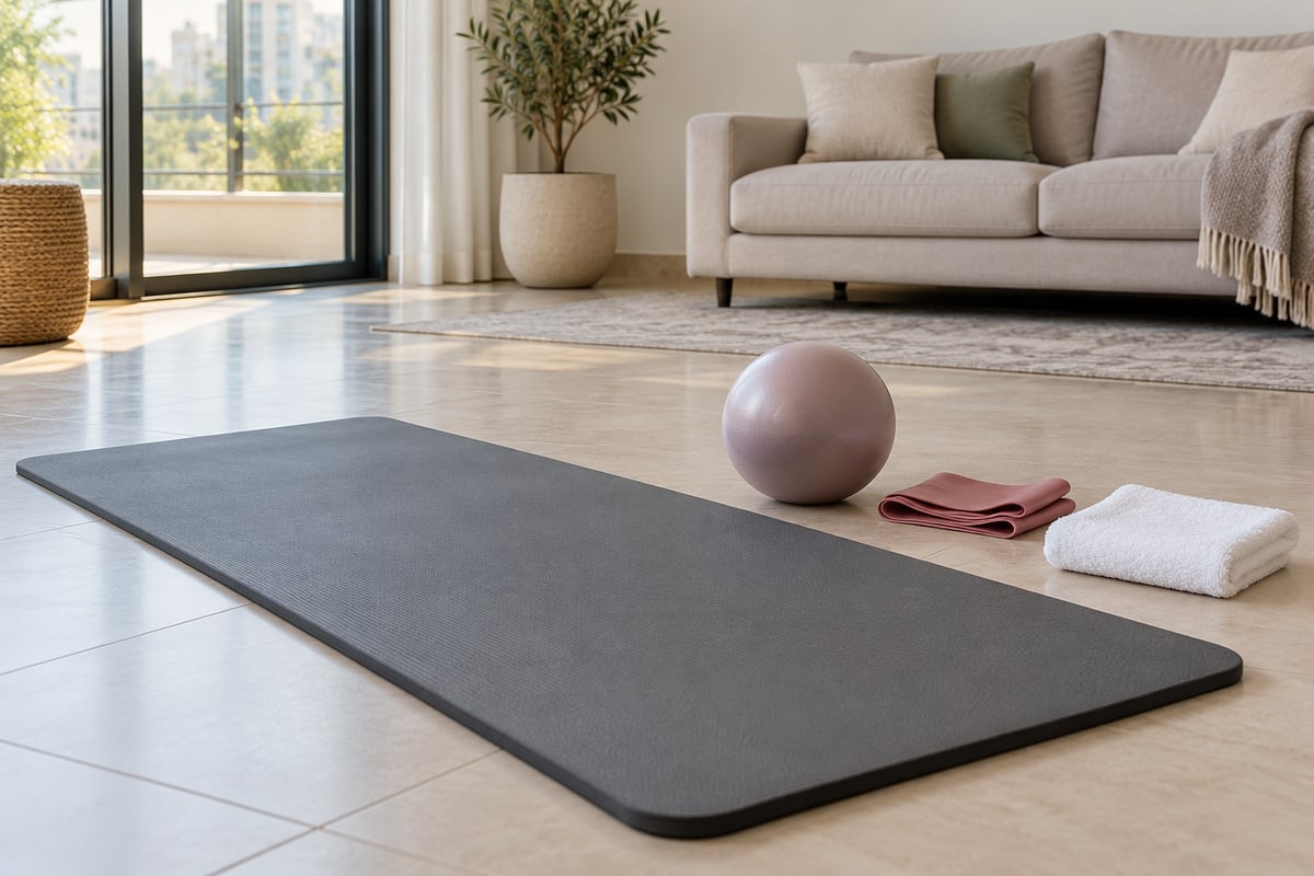 Pilates mat with a small ball, resistance band and towel at home