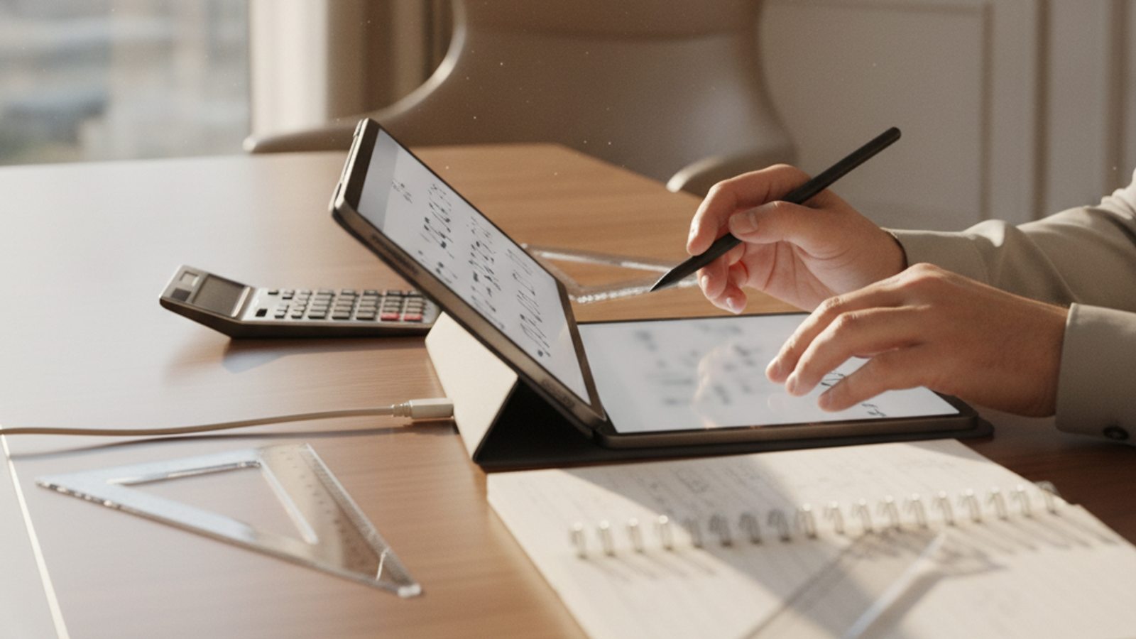 math tutor explaining problem solving on a tablet in Dubai