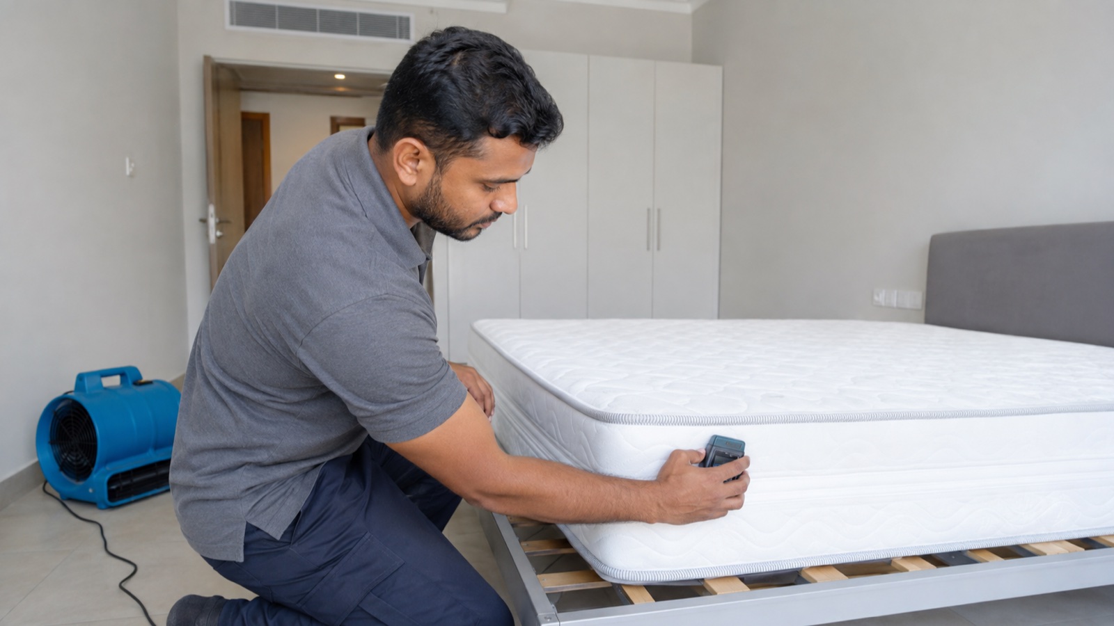 Cleaner checking a mattress surface while air circulates in a Dubai bedroom