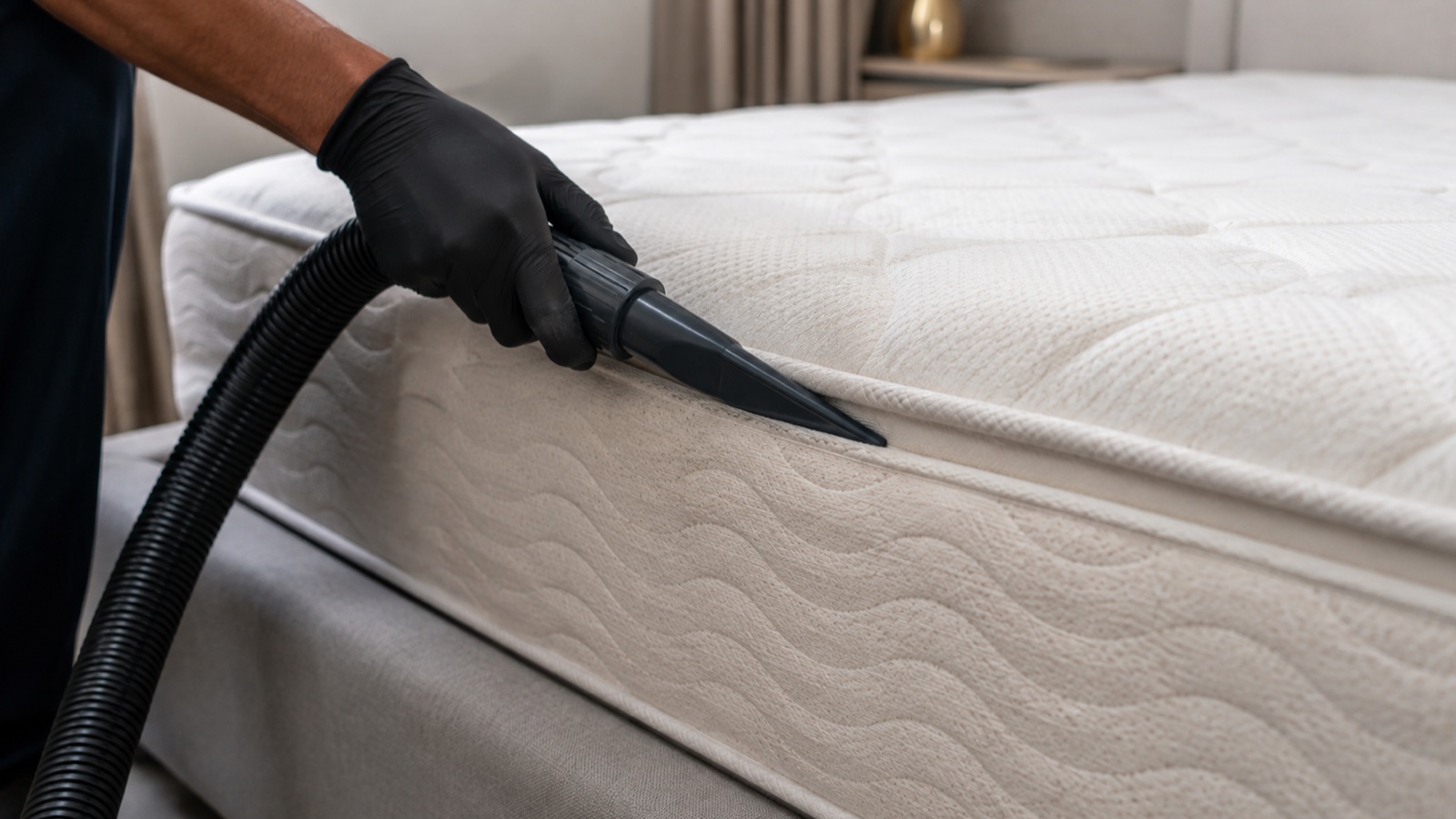 Technician vacuuming the piping and seams of a mattress before deeper cleaning