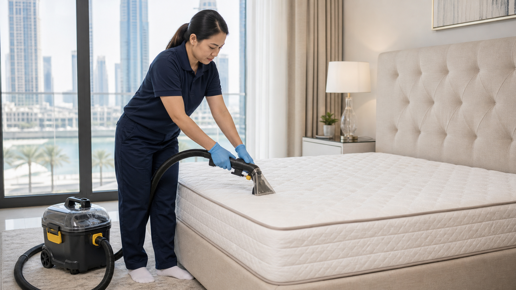 female cleaner using an extractor on a mattress in a Dubai bedroom