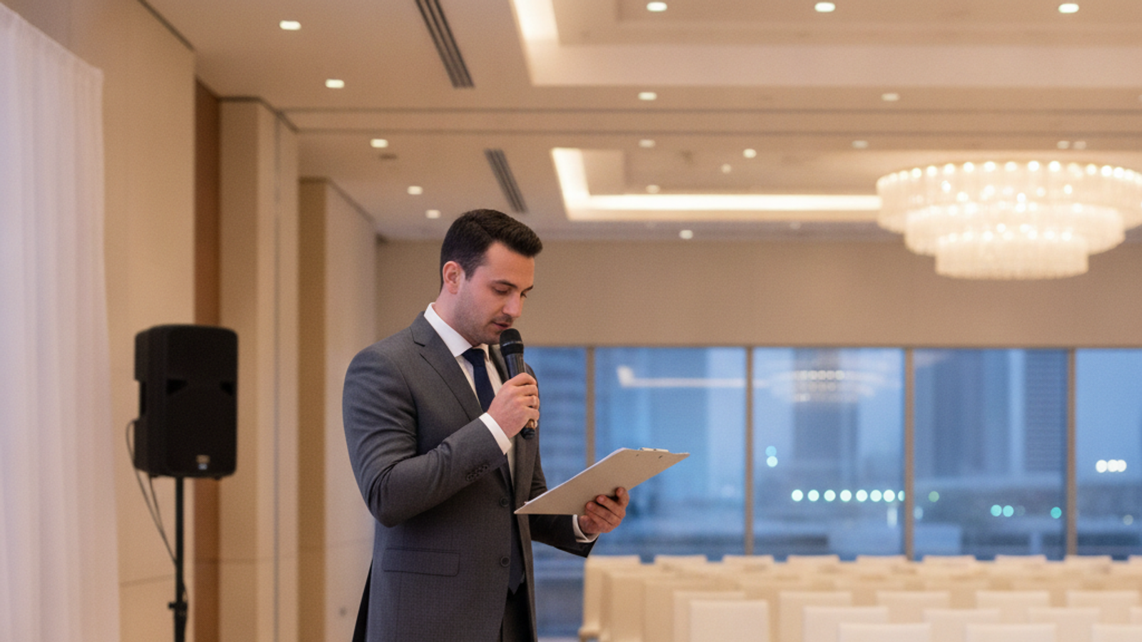 event host holding a microphone during setup for a Dubai event