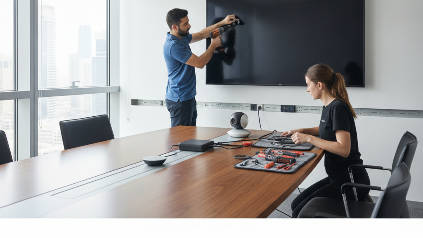 two AV technicians setting up a meeting room display in a Dubai office